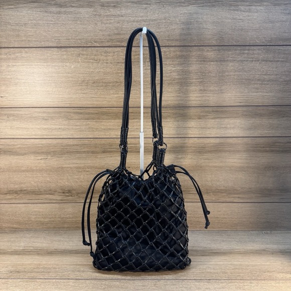 Topshop Woven Shoulder‎ Bag Black Mesh Net Drawstring Boho Tote Purse Women's - Picture 3 of 9